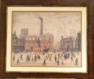 Figures Horse And Trap Before Buildings And Factories. by Lowry Lewis