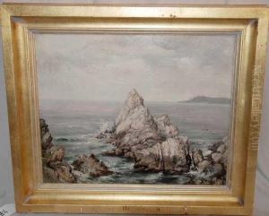 Very Rocky Coast With Small Boat by Mary Amanda Lewis