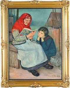 Babcia Czytajaca Wnuczce, 1927 R. by Leon Lewkowicz