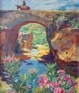 Spanische Landschaft Mit Alter Brucke, Eselreiter Und Bluhendem Oleander Im Vordergrund by Kurt Leyde