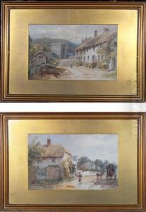 A Horse-drawn Caravan Outside A Village Pub And A Village Street With Thatched Cottages by Alfred Leymann