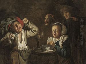 An Interior With Children Playing Cards By Candlelight by Judith Leyster