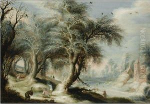 A Winter Landscape With Woodcutters On A Bank Beside A Frozencanal, A Village To The Right