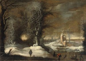 A Winter Landscape With Figures Sleighing And Skating