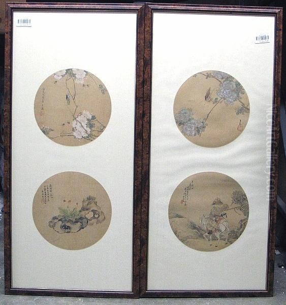 Eight Round Fan Paintings Mounted In Four Frames - view 1