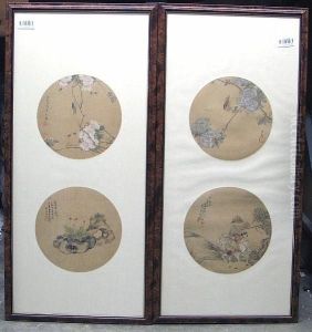 Eight Round Fan Paintings Mounted In Four Frames by Ju Lian
