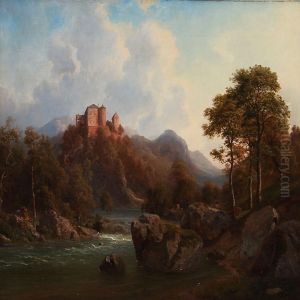 Southern European Landscape With A Castle On A Hilltop by Georg Emil Libert
