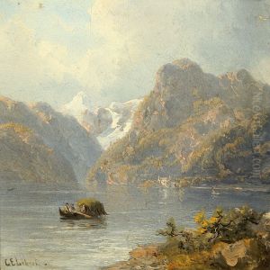 Mountain Landscape With Boats On A Lake by Georg Emil Libert