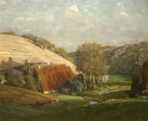 Sommerliche Ansicht Einer Talsohle Mit Bauerngehoft An Einem Bachlauf by Hans Licht