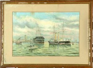 15 1/2in. X 24in. Hms Wellesley And Other Vessels In North Shields Harbour-cromolithograph by John Davison Liddell