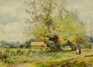 A Landscape With Cattle, Corn Stooks And Figures, Watercolour, Signed, 22 X 30 Cm See Illustration