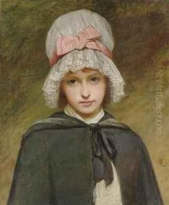 A Young Girl In A Wooded Landscape In A White Mob Cap With Pink Ribbon