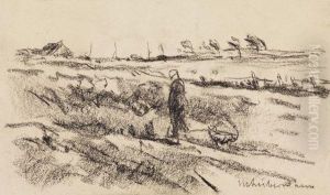 Hollandische Landschaft Mit Frau Und Hund by Max Liebermann