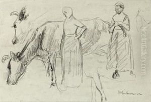 Studienblatt Mit Skizzen Zu Dem Gemalde 'strickendes Madchen Mit Kuh' by Max Liebermann