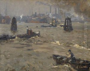 Industriehafen Mit Booten Und Dampfschiffen by Alfred Liedtke