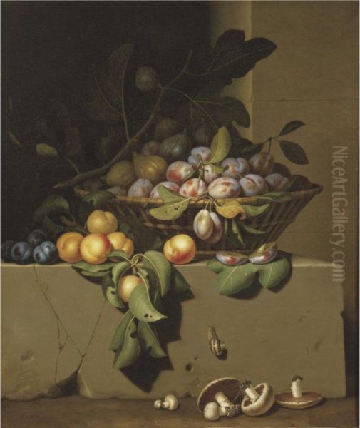 Plums And Figs In A Basket, With Apricots On A Stone Ledge, A Snail And Button Mushrooms Lower Down - view 1