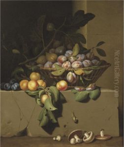 Plums And Figs In A Basket, With Apricots On A Stone Ledge, A Snail And Button Mushrooms Lower Down by Paul Liegeois