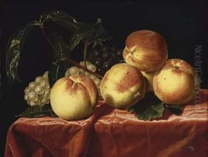 Peaches And Grapes On A Draped Table by Paul Liegeois