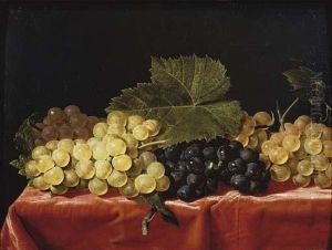 Red And White Grapes On A Draped Table by Paul Liegeois
