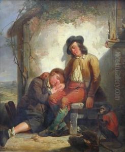 Slapende Kinderen Met Een Aapje by Jozeph Hendrik H. Lies