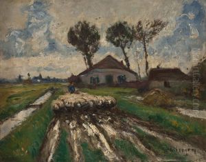 Schafer Mit Herde Auf Einem Dorfweg by Helmut Liesegang