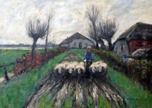 Landschaft Mit Bauernhausern Und Schafherde by Helmut Liesegang