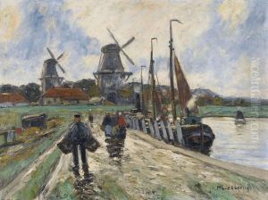 Landschaft Am Niederrhein Mit Windmuhlen Und Booten by Helmut Liesegang