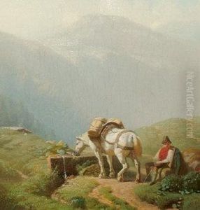 Traveller And Horse Resting On An Alpine Track by Karl Lieske