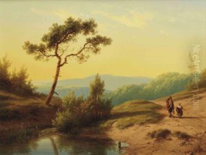 A Hilly Landscape With Travellers During Sunset by Cornelis Lieste