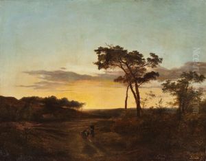 Bauerin In Weiter Landschaft Bei Sonnenuntergang by Cornelis Lieste