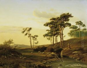 Dusk With Shepherds Taking Their Herd Of Sheep Along The Stream Bank by Cornelis Lieste