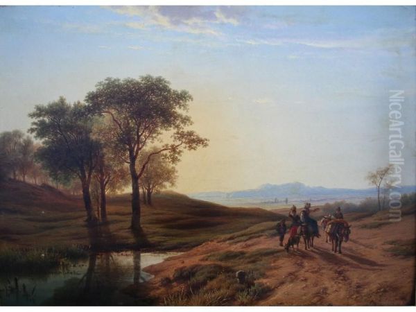 Peasant Travellers In An Extensive Landscape At Sunset - view 1