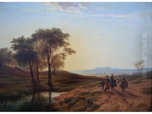 Peasant Travellers In An Extensive Landscape At Sunset by Cornelis Lieste