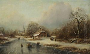 Hollands Rivierlandschap In De Winter Met Schaatsers En Figuren Bij Dorp by Cornelis Lieste