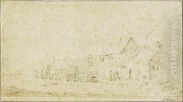 Two Horses And Carts Before Village Houses - view 1