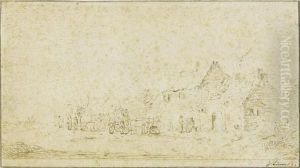 Two Horses And Carts Before Village Houses