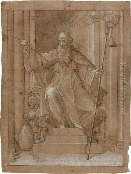 Bishop With Staff And Bell Enthroned In Niche. - view 1