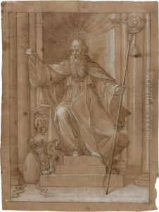 Bishop With Staff And Bell Enthroned In Niche.