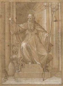 A Bishop Seated In A Niche With A Staff And A Bell