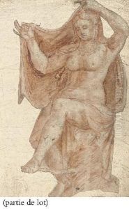 Allegorie De La Paix; Et Une Femme Nue Assise Tenant Une Draperie Derriere Son Dos by Pirro Ligorio