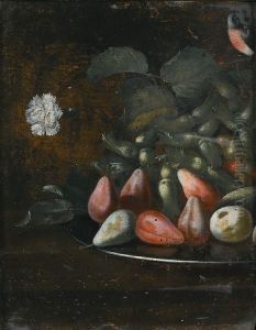 A Finch With Pears And Hazelnuts On A Pewterdish On A Table Top by Bartolomeo Ligozzi