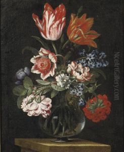 Tulips, A Rose, Violettes And Other Flowers In A Glass Vase On A Stone Ledge by Bartolomeo Ligozzi