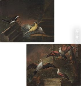 A Blue-jay And A Goldfinch By Classical Ruins On A Forest Floor; And Three Woodpeckers By Classical Ruins On A Forest Floor by Heinrich Lihl