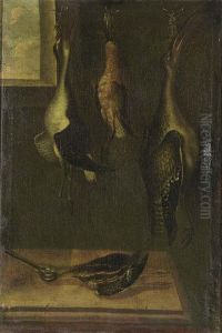 A Hunting Still Life With Three Bittern Hanging And A Woodcock On A Table by Heinrich Lihl