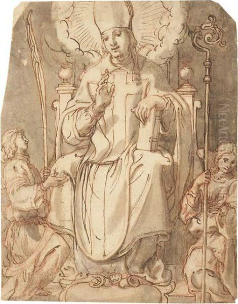 Saint Antoine Entoure De Deux Anges; Et Un Saint Eveque Sur Untrone Entoure De Deux Anges - view 1