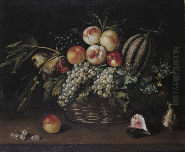 Still Life Of A Melon, Peaches, Grapes And Figs In Basket Resting On Ledge - view 1