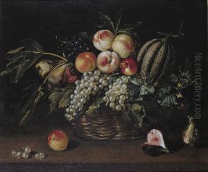 Still Life Of A Melon, Peaches, Grapes And Figs In Basket Resting On Ledge by Jacques Linard