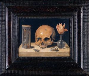 A 
Vanitas
 Still Life With A Skull, An Hour-glass, A Tulip In A Glass Vase, A Shell And Butterfly, All Resting On A Stone Ledge by Jacques Linard