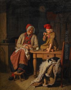 Allmogeinterior Med Kvinna Samt Pojke Med Nal Och Trad by Amalia Lindegren