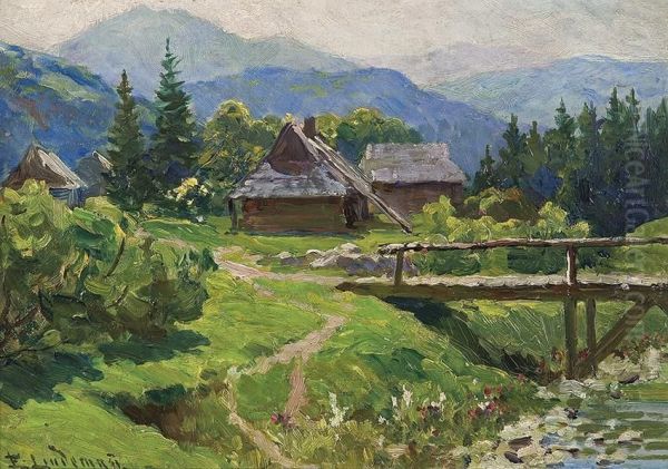 Mountain Landscape With Huts And Bridge - view 1
